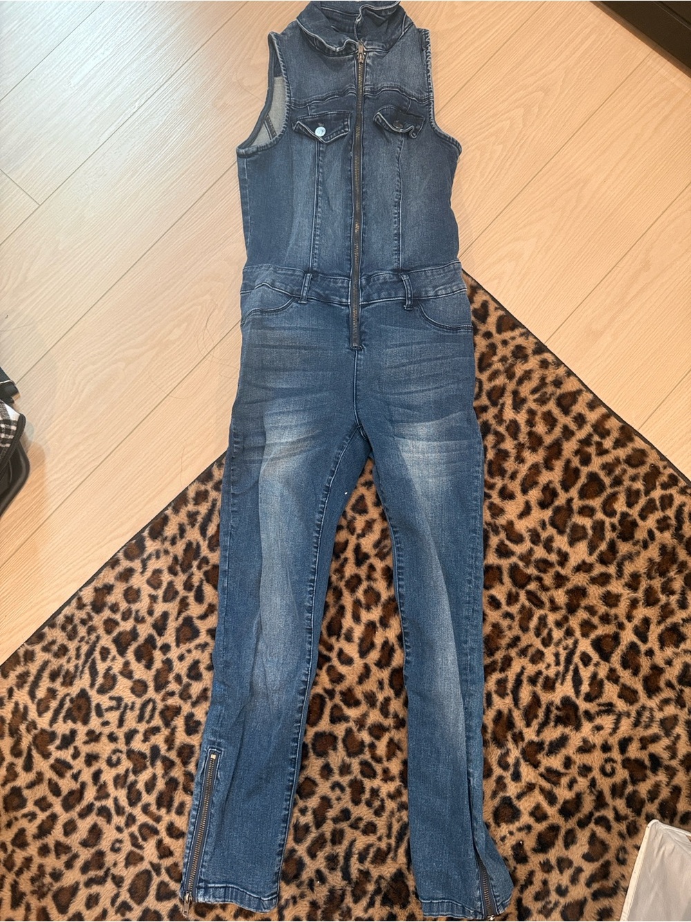 New York & Company Dark Blue Denim Sleeveless Zip-Front Jumpsuit
